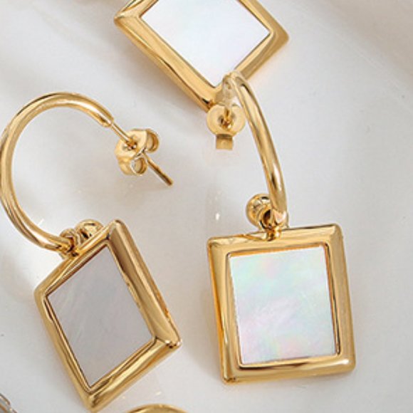 White Shell Geometric CC Hoop 18K Gold Plated Pendant Earrings Stainless Steel - Picture 7 of 7